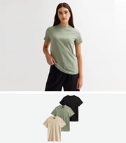 New Look 3 Pack Stone Khaki and Black Crew Neck T-Shirts